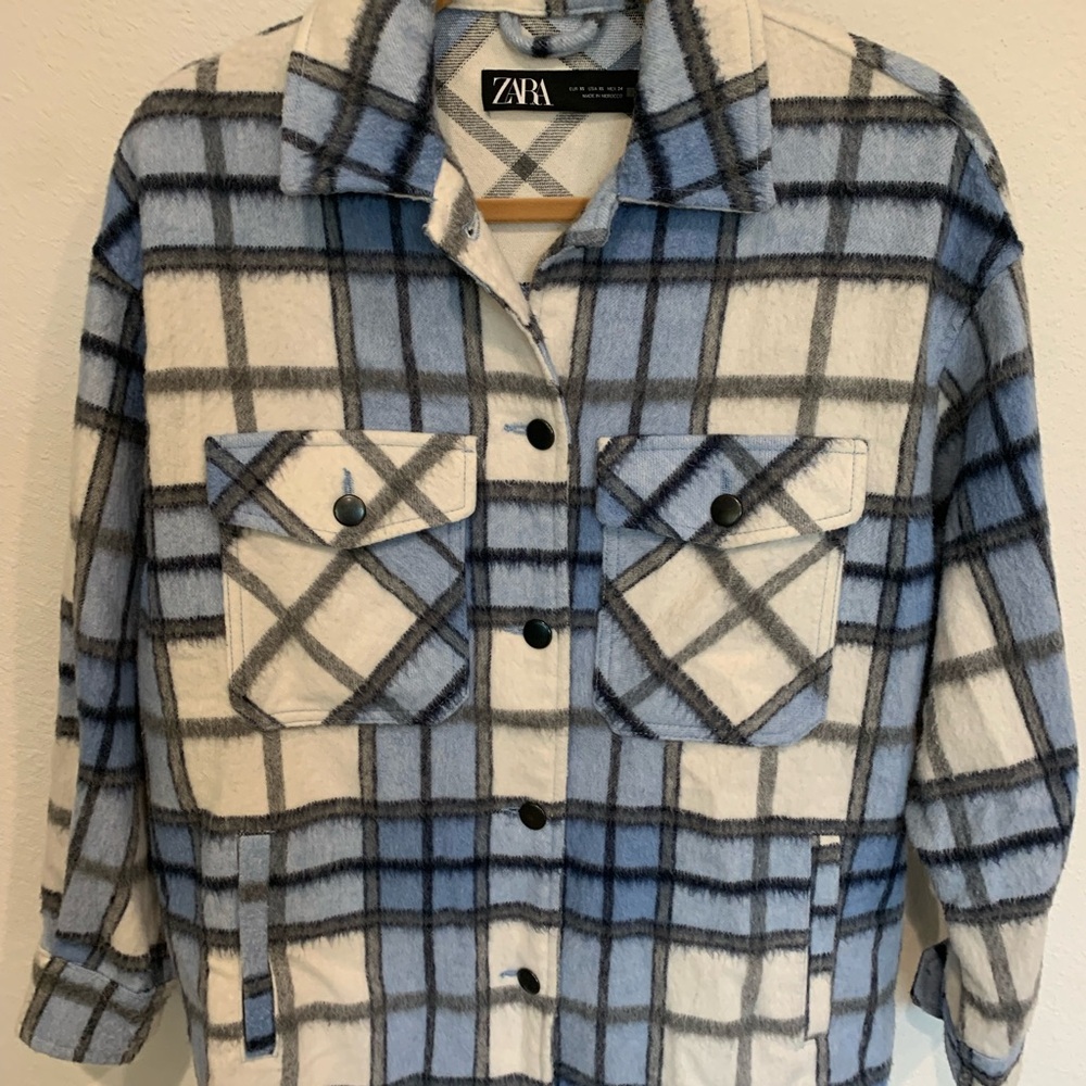 Zara Light Blue Cream Plaid Button-Up Shacket Jacket Over Shirt, Wool Blend, XS